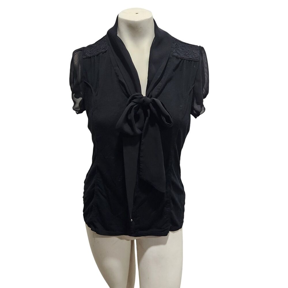 White House Black Market Black Tie-Neck Cap-Sleeve Blouse